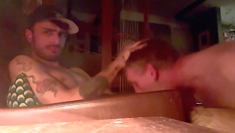 Tall brunettecha andop dribbly get it on the bed